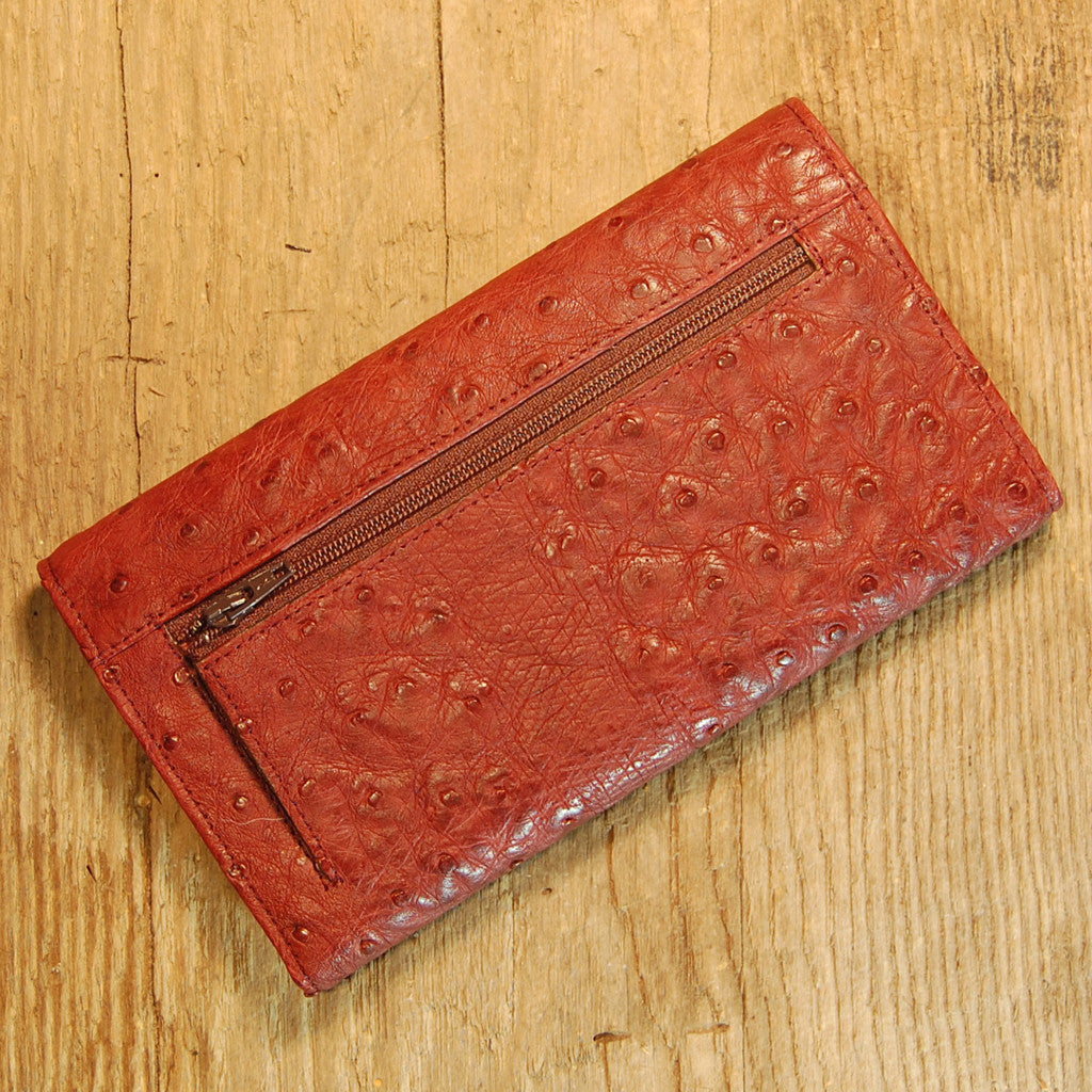Dark's Leather Checkbook Clutch Wallet in Ostrich Burgundy, Back View