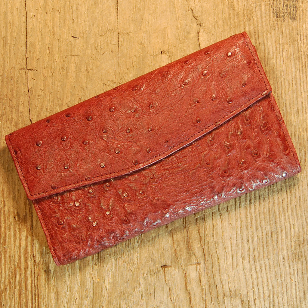 Dark's Leather Checkbook Clutch Wallet in Ostrich Burgundy