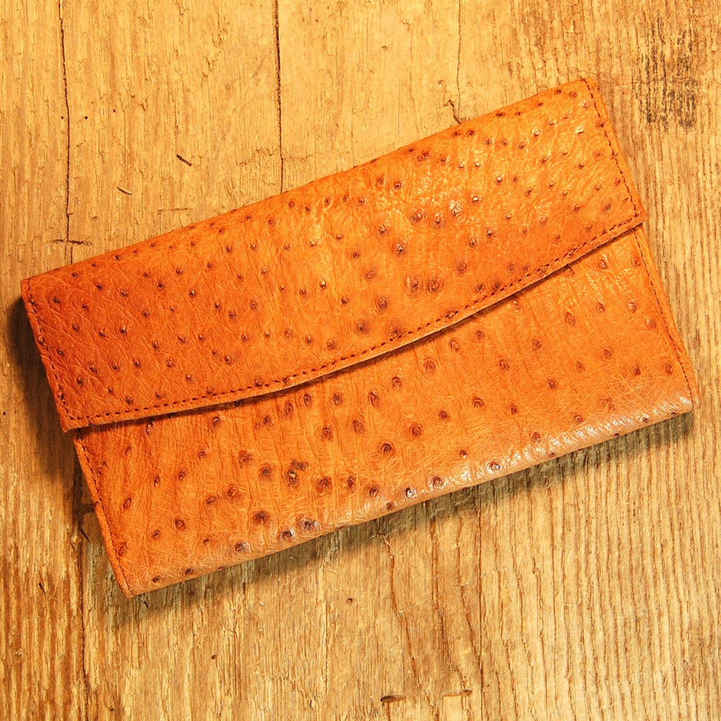 Dark's Leather Checkbook Clutch Wallet in Ostrich Cognac
