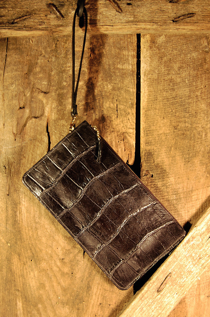 Dark's Leather Clutch Bag in Alligator Brown, Front