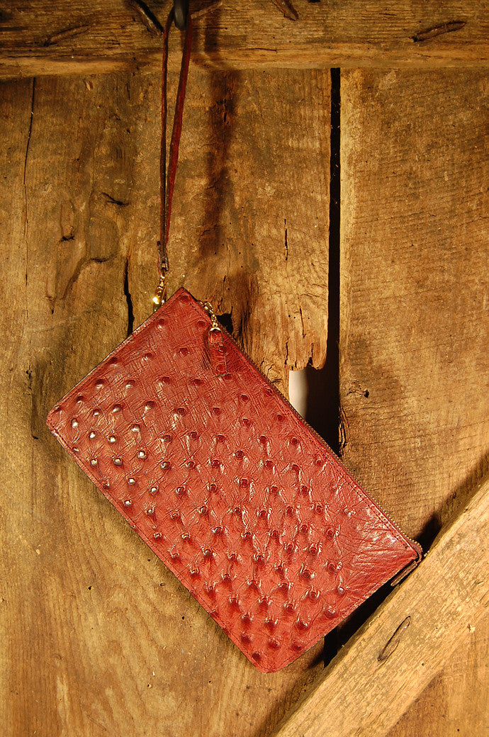 Dark's Leather Clutch Bag in Ostrich Burgundy, Front