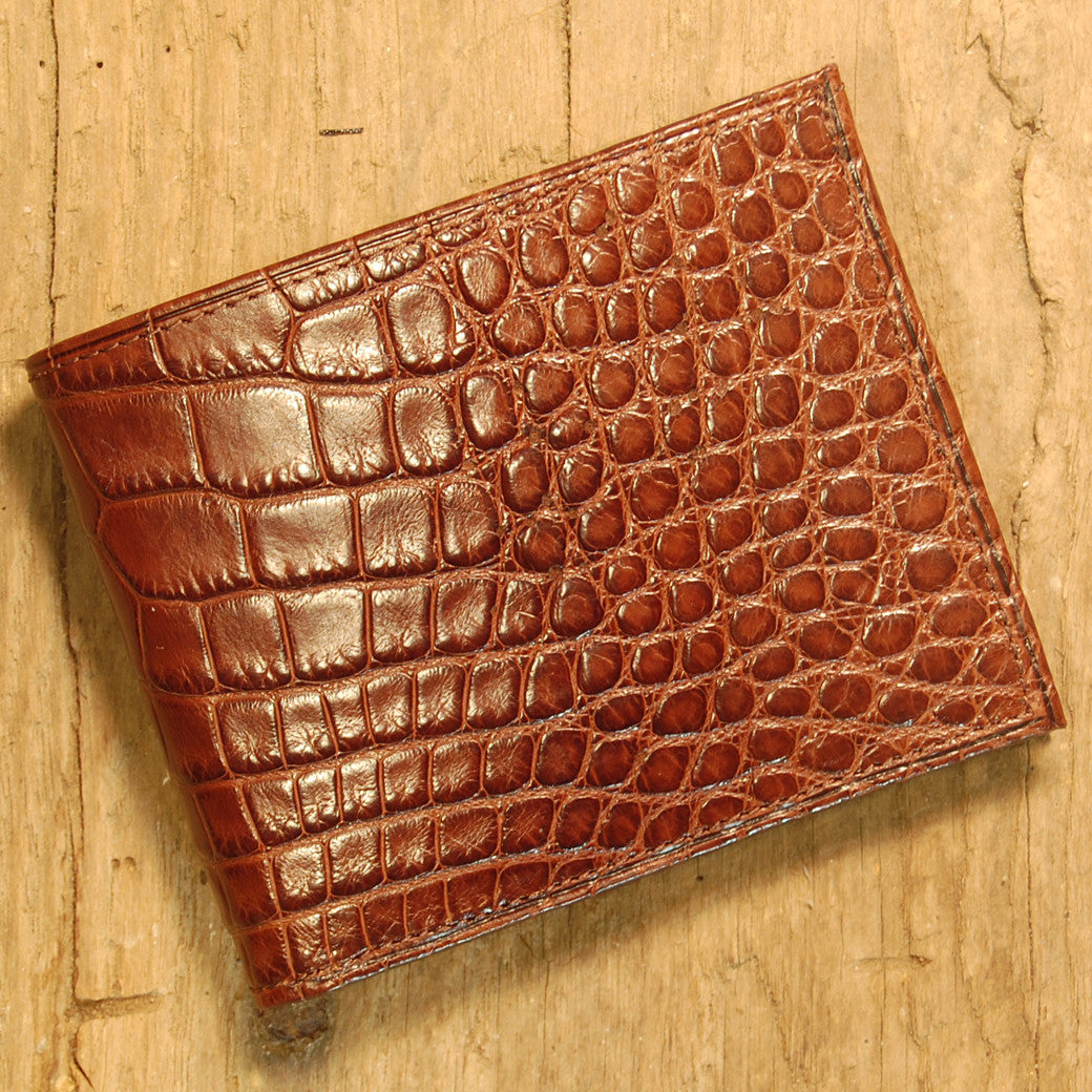 Dark's Leather Slim Wallet in Alligator Brown, Front