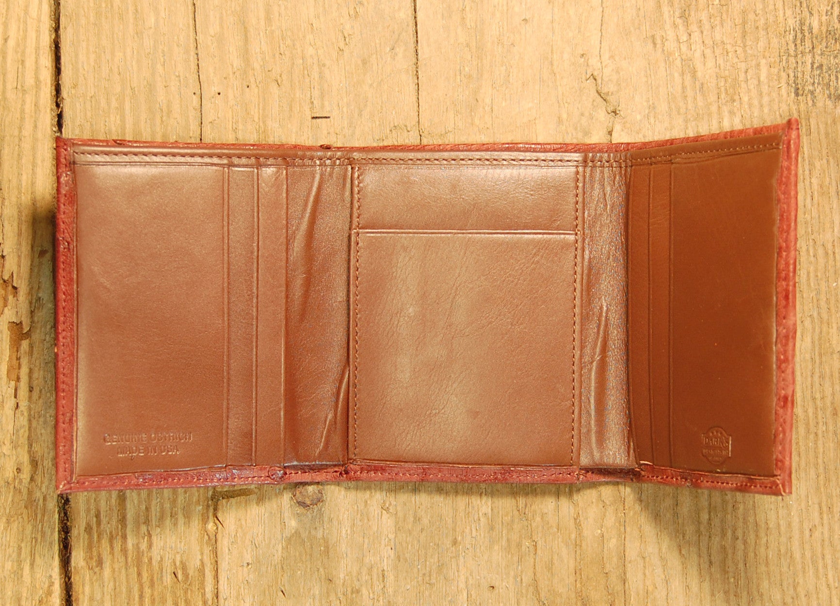 Dark's Leather Trifold Wallet in Ostrich Burgundy, Interior